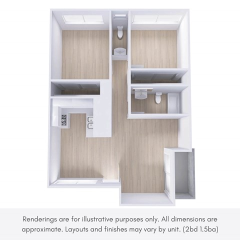 Floor plan for 2 beds, 1.5 baths